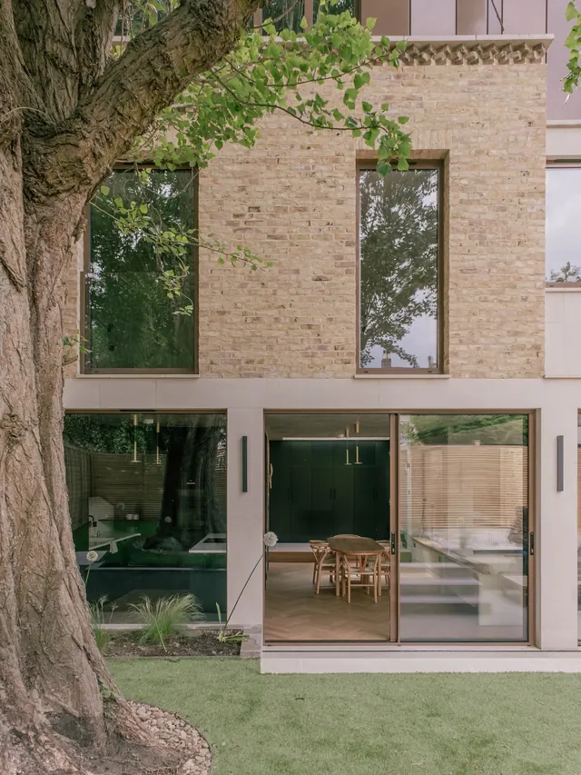 Modern Brick Architecture with Large Windows, photographic, minimal, earthy