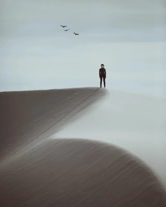 Lone Figure in Sand Dunes, minimal, photographic, light