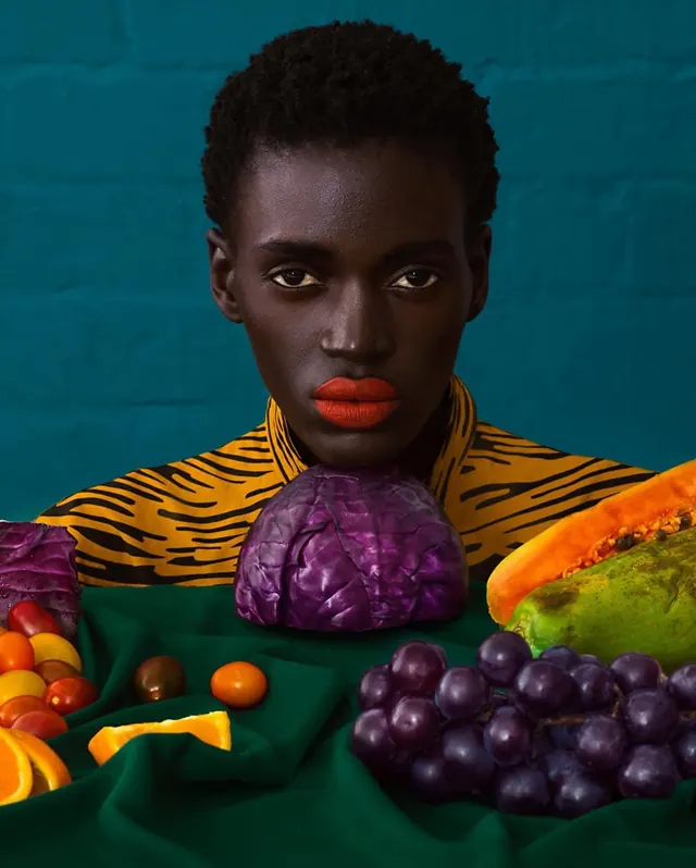 Portrait with Fruit and Vegetables, photographic, maximalist, vibrant