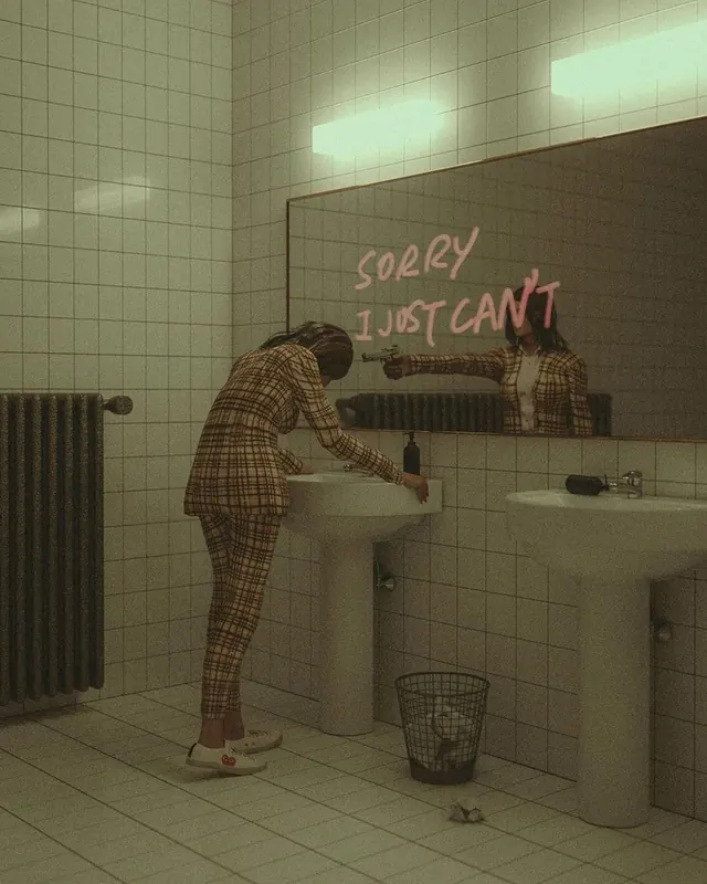 Sorry I just can't bathroom scene, surreal, cinematic, muted