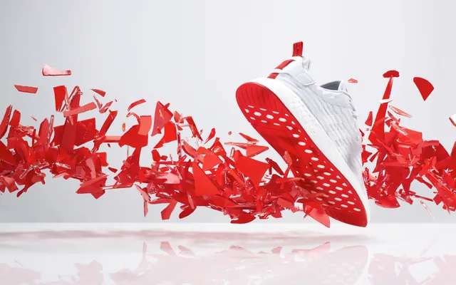 Red and White Sneaker with Confetti, minimal, photographic, vibrant