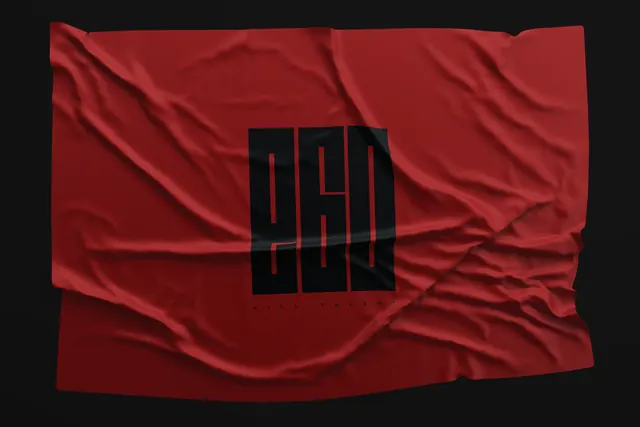 Red Fabric Mockup with Black Wordmark, minimal, boxed, vibrant