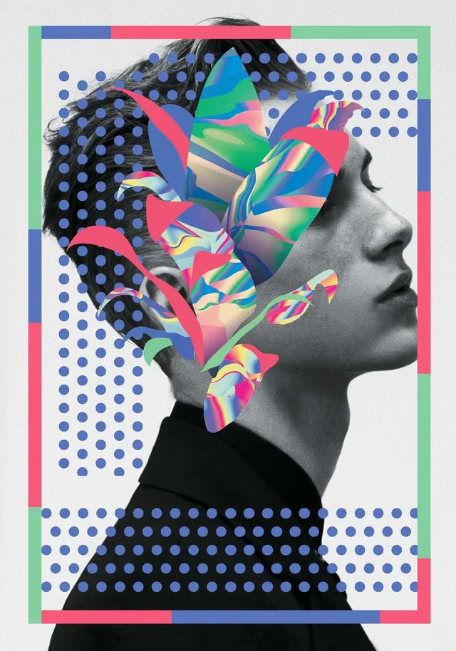 Collage Portrait with Geometric Patterns, maximalist, playful, vibrant