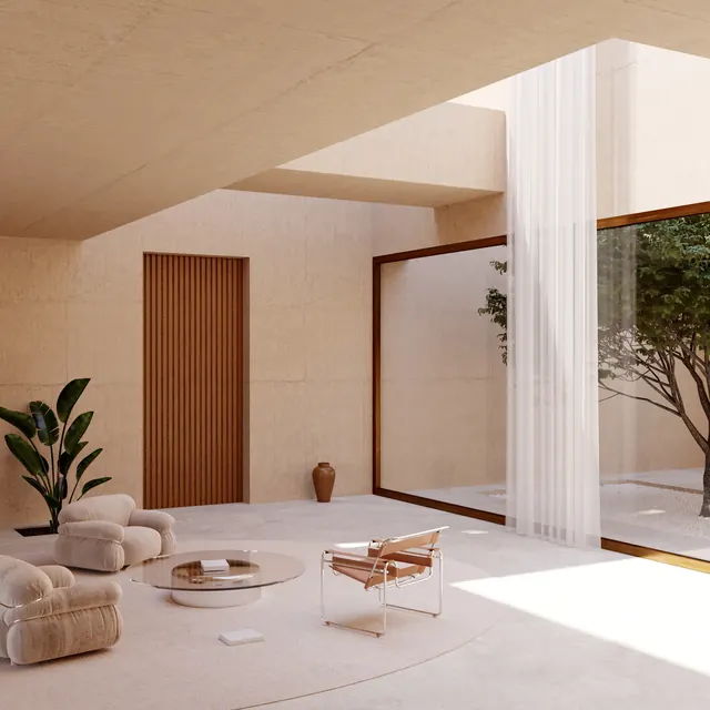 Minimalist Interior Architectural Render, minimal, luxury, warm