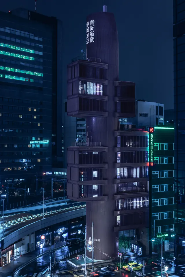 Modern Skyscraper Architecture at Night, photographic, geometric, dark