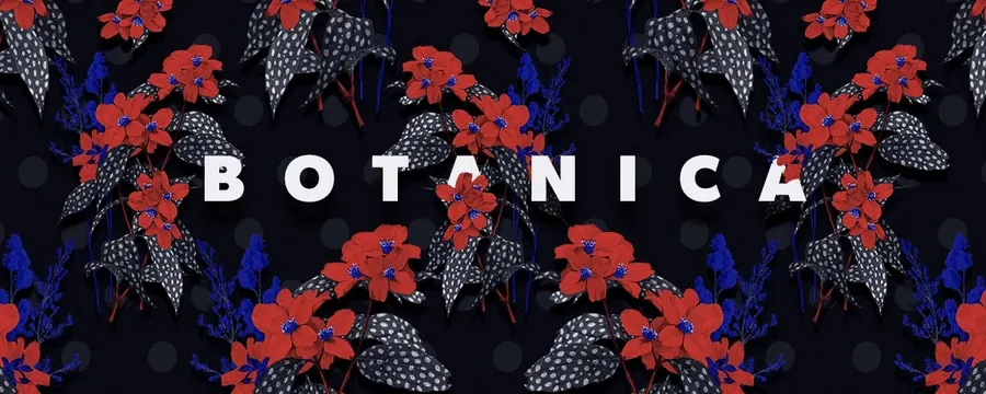Botanica Wordmark with Floral Illustrations, maximalist, illustrated, dark