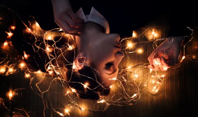 Ethereal Portrait with Fairy Lights, dark-mode, luxury, dark