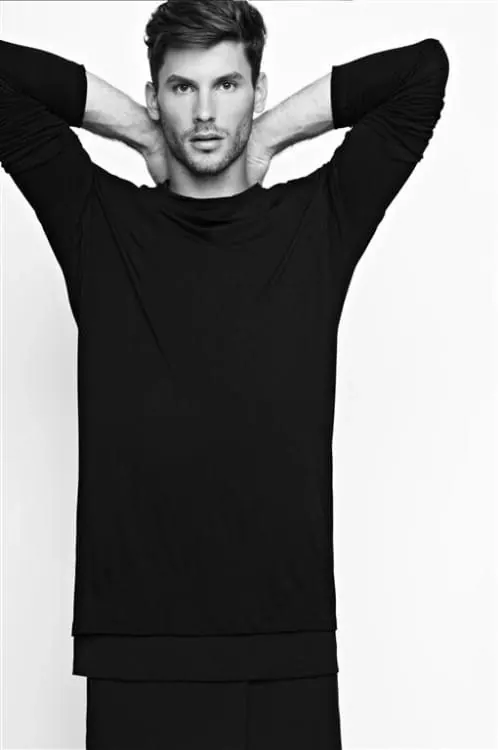 Male Model in Black Long-Sleeve Shirt, minimal, photographic, dark