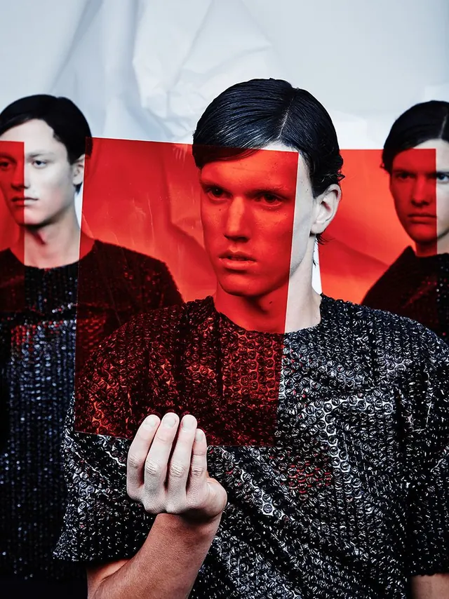 Collage Portrait with Red Overlay, brutalist, maximalist, high-contrast