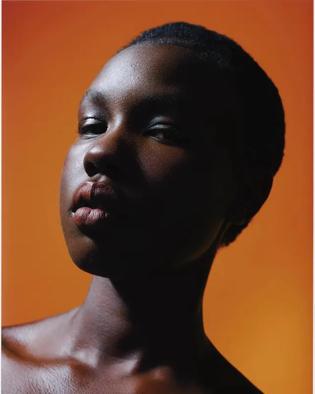 Portrait of a Woman with Orange Background, photographic, minimal, vibrant