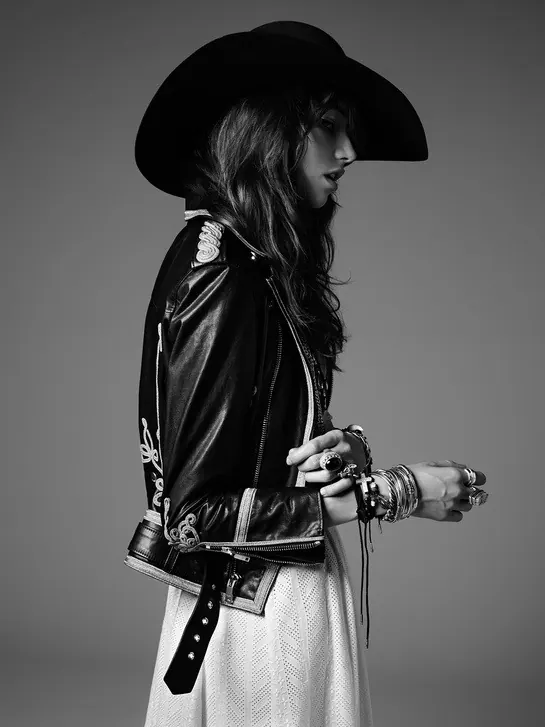 Woman in Leather Jacket and Hat, monochrome, photographic, monochrome
