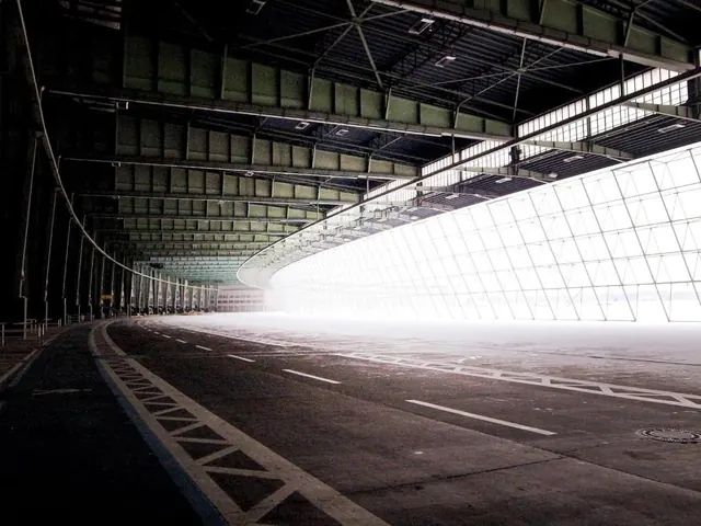 Industrial Warehouse Interior with Light Tunnel, photographic, technical, high-contrast