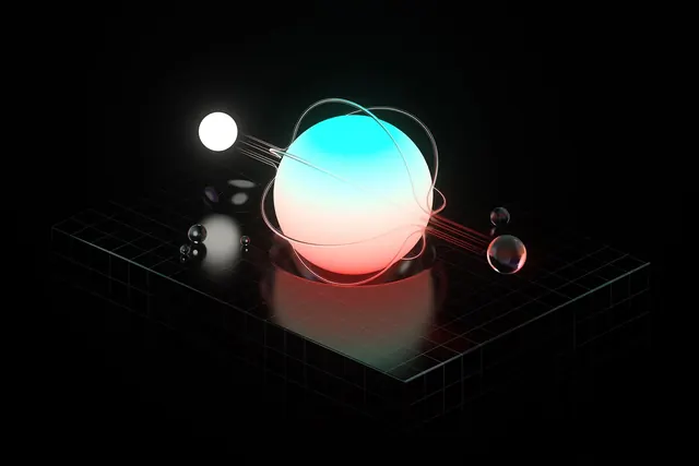 Glowing atomic orb on grid plinth, 3d-render, abstract, dark