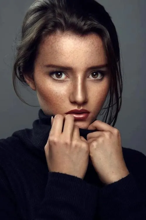 Portrait of a Woman in a Dark Sweater, photographic, luxury, dark