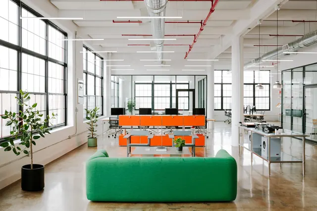 Modern Office Interior with Vibrant Furniture, minimal, corporate-clean, light