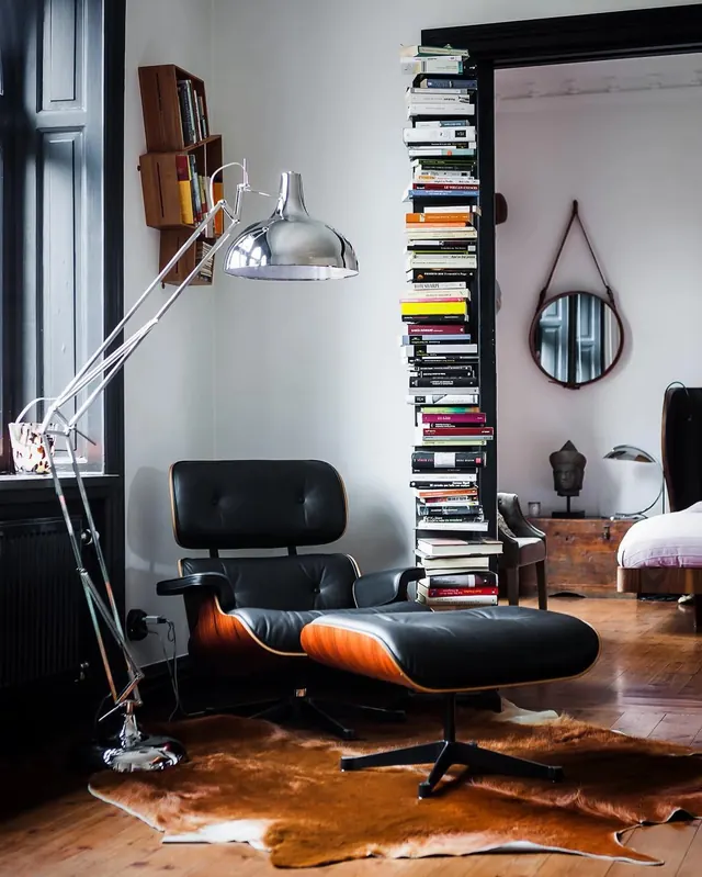 Modern Interior with Eames Lounge Chair, minimal, photographic, dark