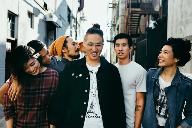 Group of Friends in Urban Setting, photographic, organic, vibrant