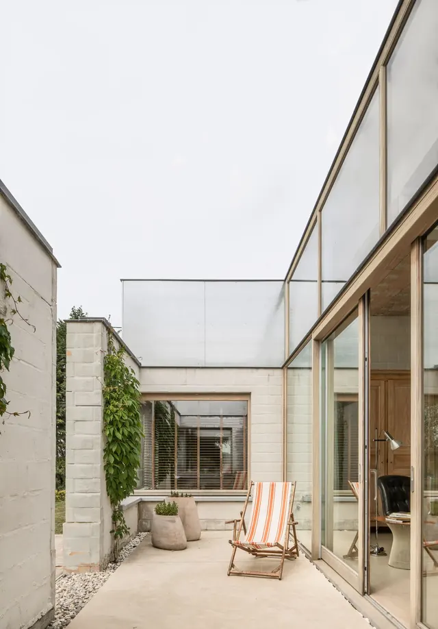 Modernist Interior with Glass and Wood Elements, minimal, photographic, light