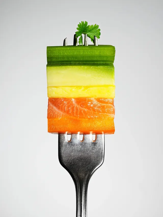 Vegetable Slice on Fork, minimal, photographic, vibrant