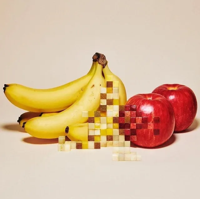 Pixelated Fruit Composition, playful, geometric, vibrant