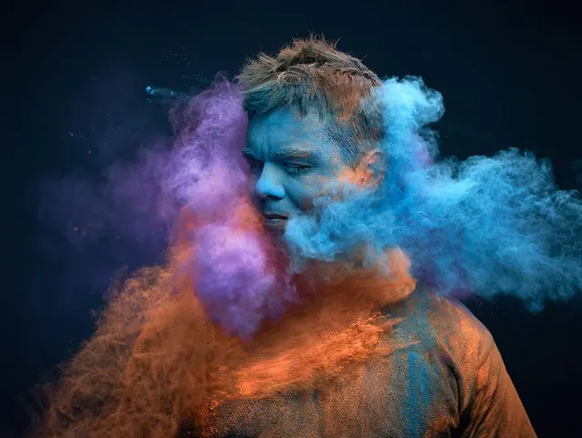 Man Exhaling Colored Smoke, photographic, abstract, dark