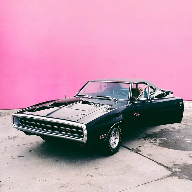 Classic Muscle Car against Pink Wall, retro, photographic, vibrant