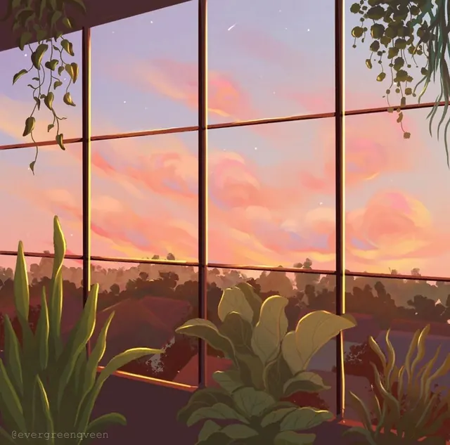 Sunset View Through a Window, illustrated, organic, warm