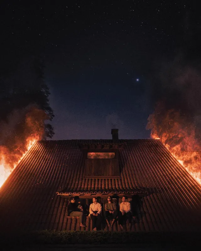 Burning House at Night, photographic, dark-mode, dark