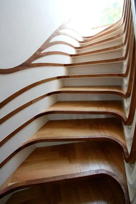 Curved Wooden Staircase Design, organic, minimal, warm