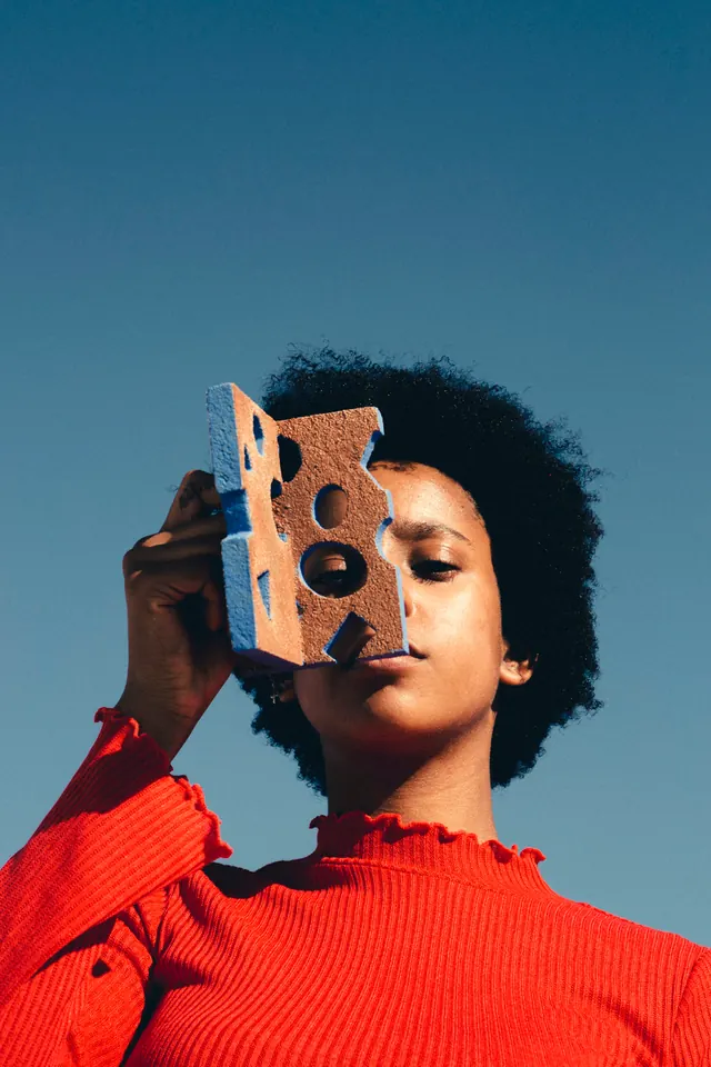 Surrealist Portrait with Geometric Mask, brutalist, playful, vibrant