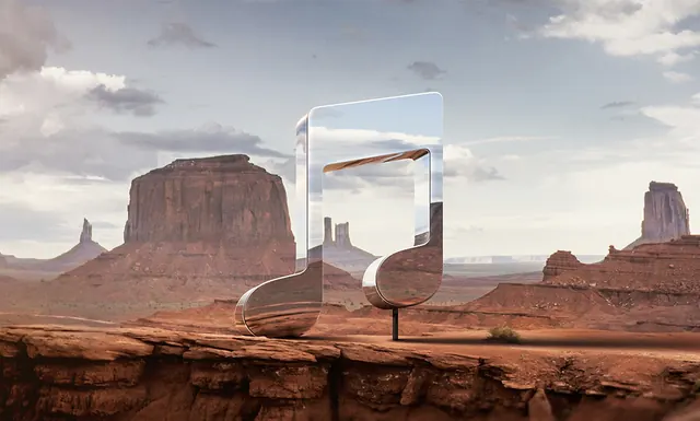 Chrome music note in desert landscape, 3d-render, surreal, warm