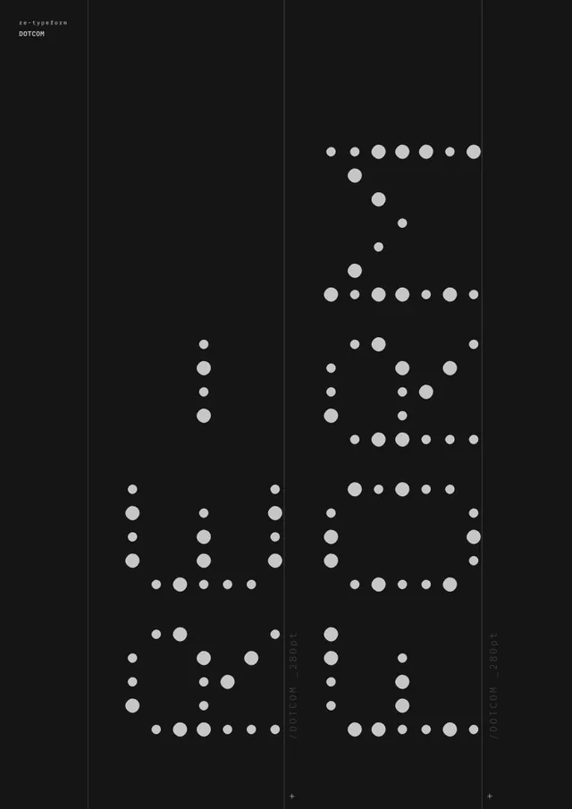 DOTCOM dot-matrix type specimen poster, minimal, technical, dark