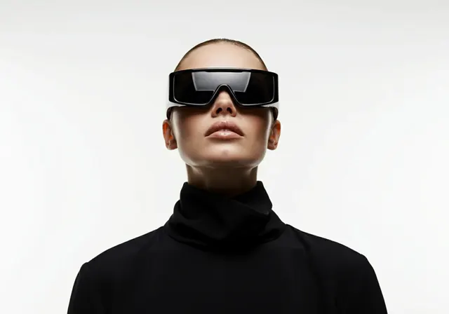 Futuristic Portrait with Visor, minimal, photographic, monochrome