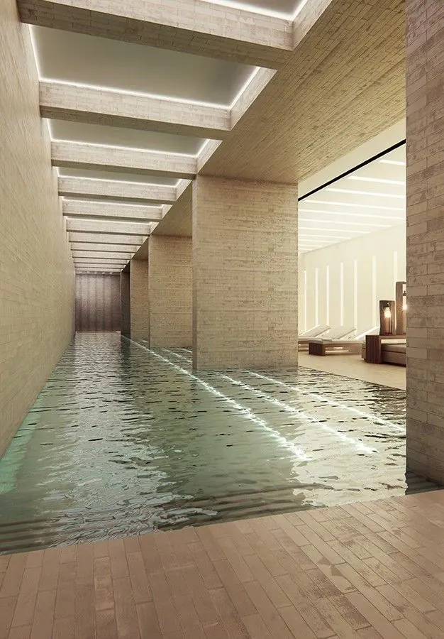 Minimalist Architectural Interior with Water Feature, minimal, luxury, muted