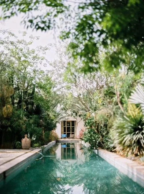 Lush Garden Pool and Pavilion, photographic, organic, vibrant