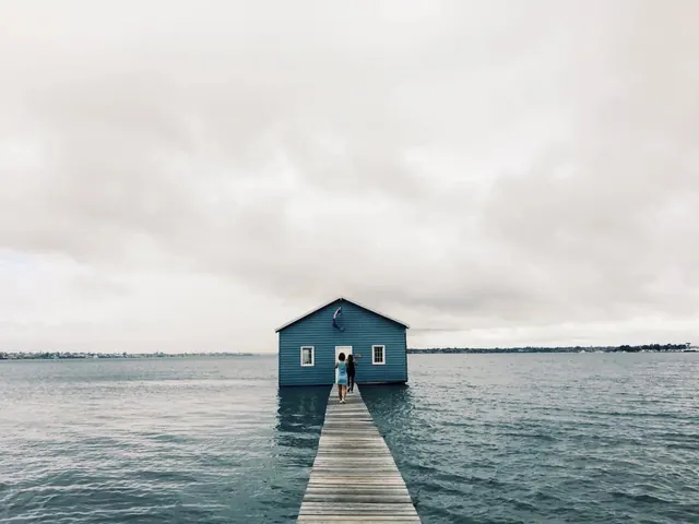 Blue House on a Pier, minimal, photographic, muted