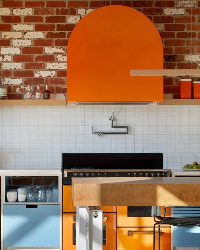 Modern Kitchen Interior with Orange Accents, minimal, geometric, vibrant