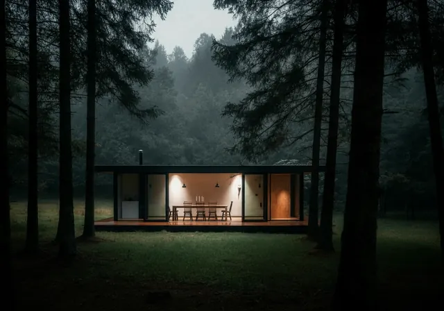 Modernist Forest Cabin Architecture, minimal, photographic, dark