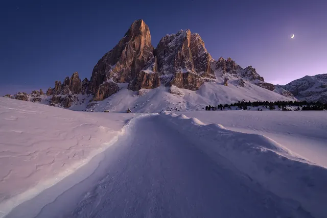 Snowy Mountain Landscape at Night, photographic, organic, dark