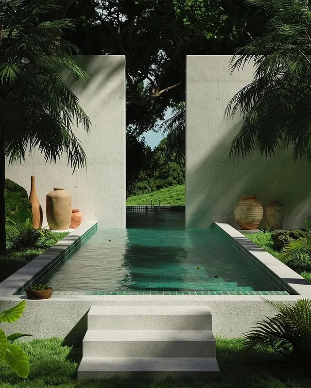 Modern Outdoor Pool and Spa Area, minimal, luxury, muted