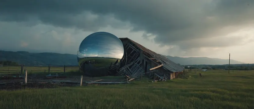 Futuristic Sphere and Structure in Field, 3d-render, geometric, muted