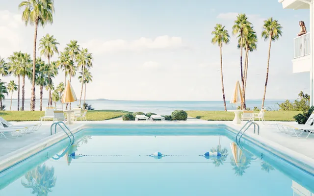 Tropical Beach Resort Pool Mockup, photographic, minimal, light