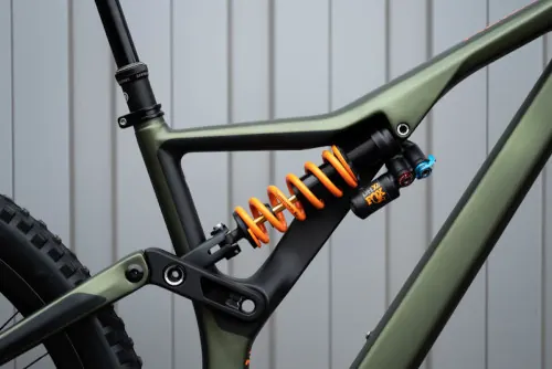 Mountain Bike Frame with Branding, technical, photographic, high-contrast