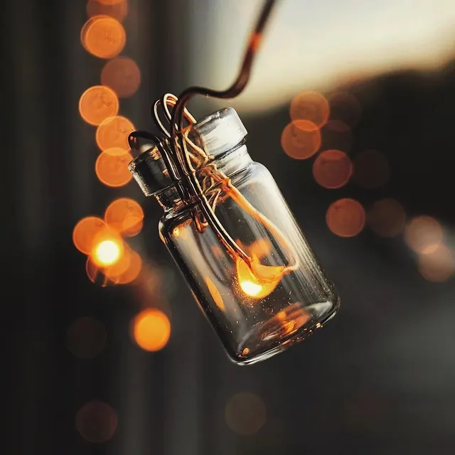 Glowing Light Bulb in Glass Jar, photographic, organic, warm