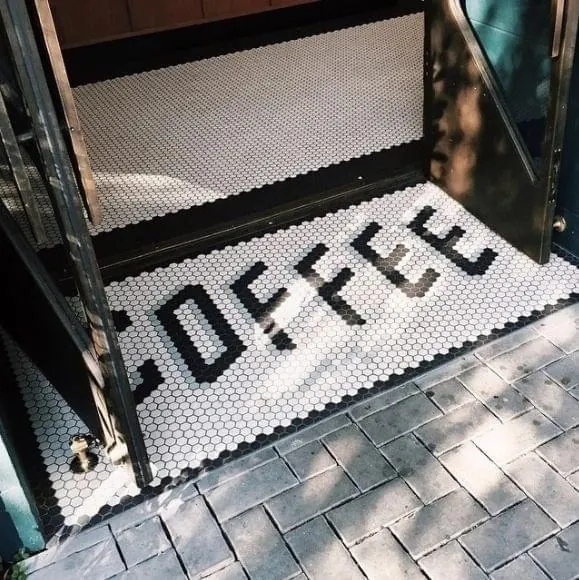 Coffee Shop Floor Decal, minimal, geometric, high-contrast