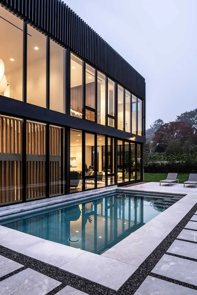 Modern Architecture with Pool, minimal, photographic, dark
