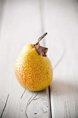 Pear on White Wood Surface, minimal, organic, warm
