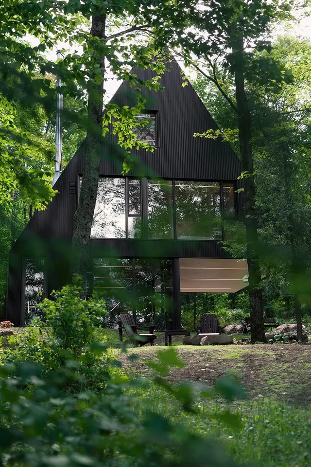 Modern Wood Cabin Architecture, photographic, organic, dark