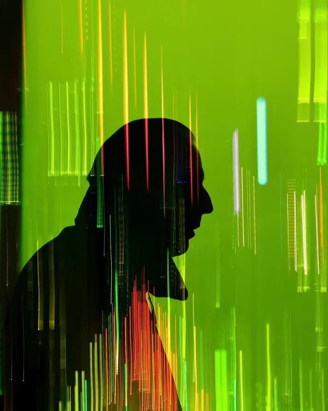 Cyberpunk Silhouette with Digital Rain, retro, y2k, vibrant