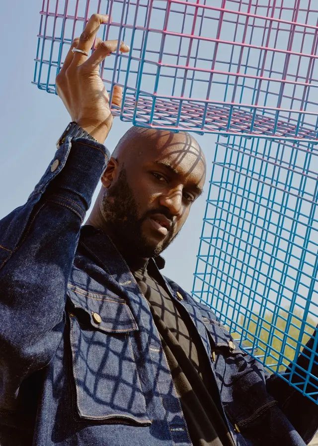 Man with Hand Raised in Front of Grid, photographic, brutalist, high-contrast